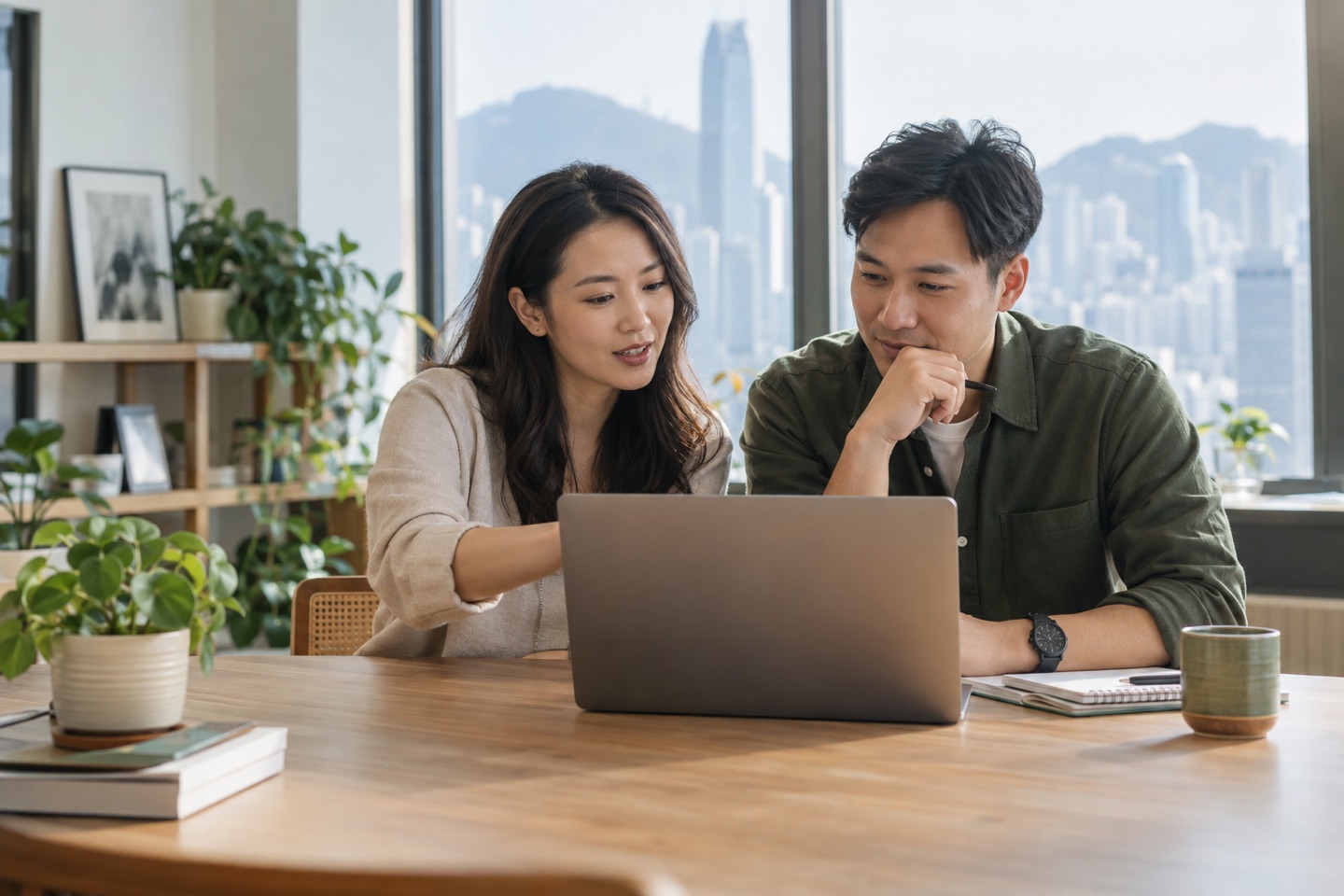 Illustrative scene of two colleagues helping a customer at a laptop